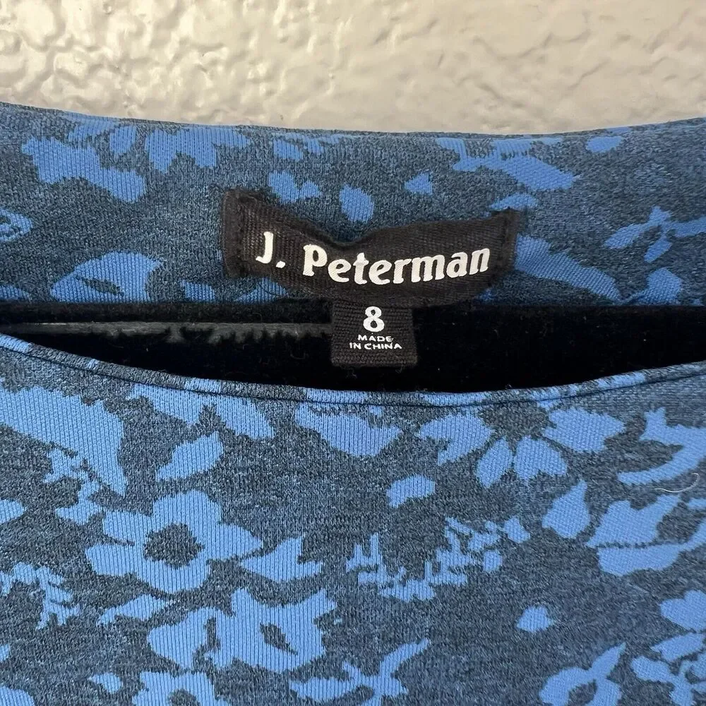 J Peterman Secret Keeper Midi Dress Blue Floral Ruched Sides Long Slv Midi Sz 8 - Picture 4 of 5